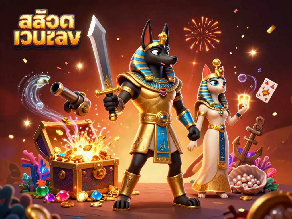 Experience thrilling adventures in สล็อตเว็บตรง with a dynamic scene of Anubis and Bastet surrounded by treasure.