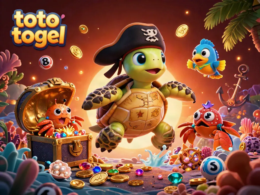 Engaging scene showing a pirate turtle and friends amidst treasure, featuring toto togel elements for online gambling excitement.