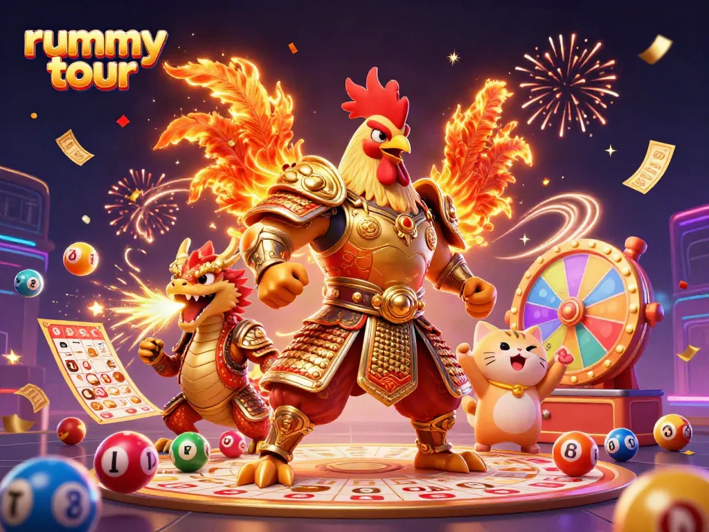 Gambarkan permainan rummy tour dengan karakter ayam dan naga dalam adegan yang mendebarkan.