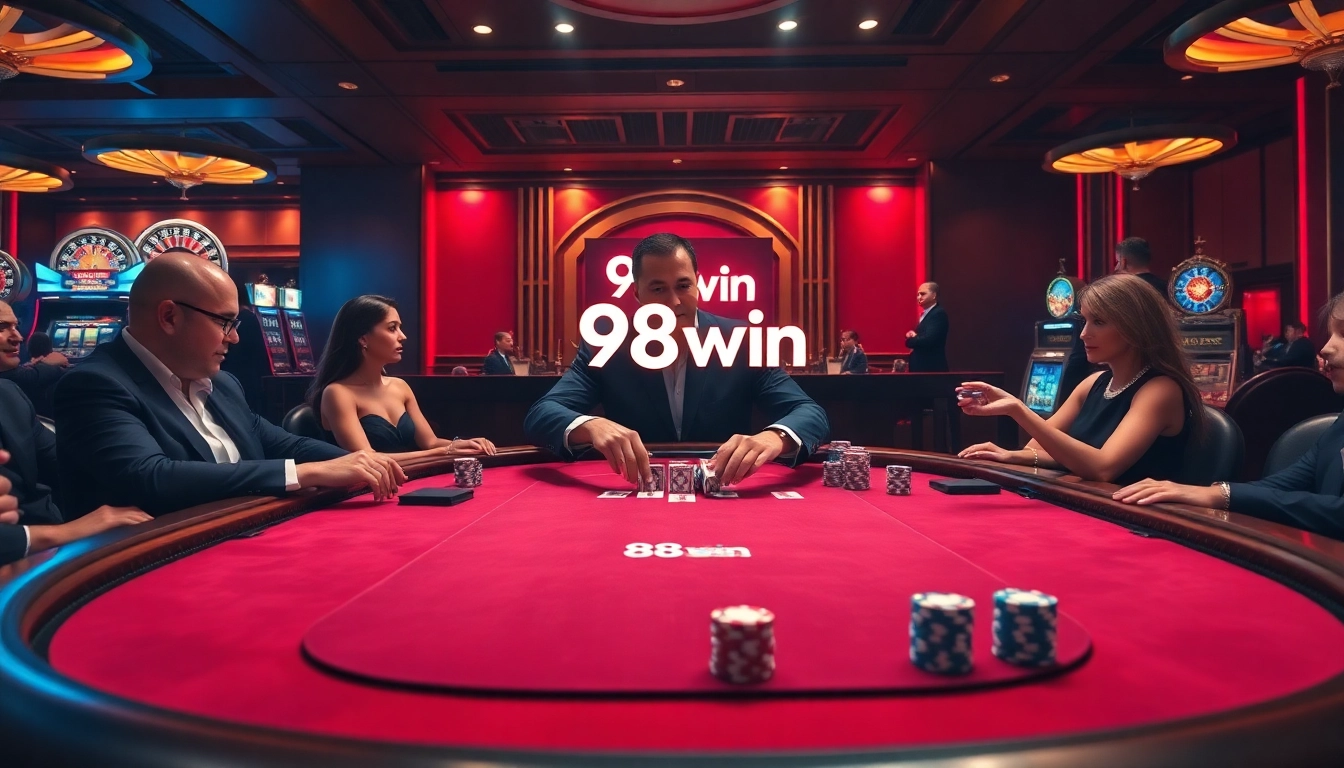Experience the excitement of 98win at a luxurious casino poker table full of vibrant action.
