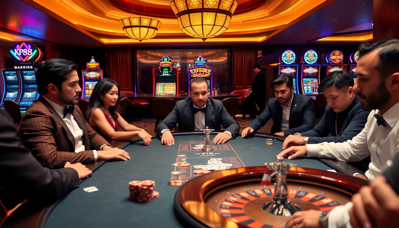 Players engaging at a high-stakes KP88 poker table in a luxurious casino atmosphere.