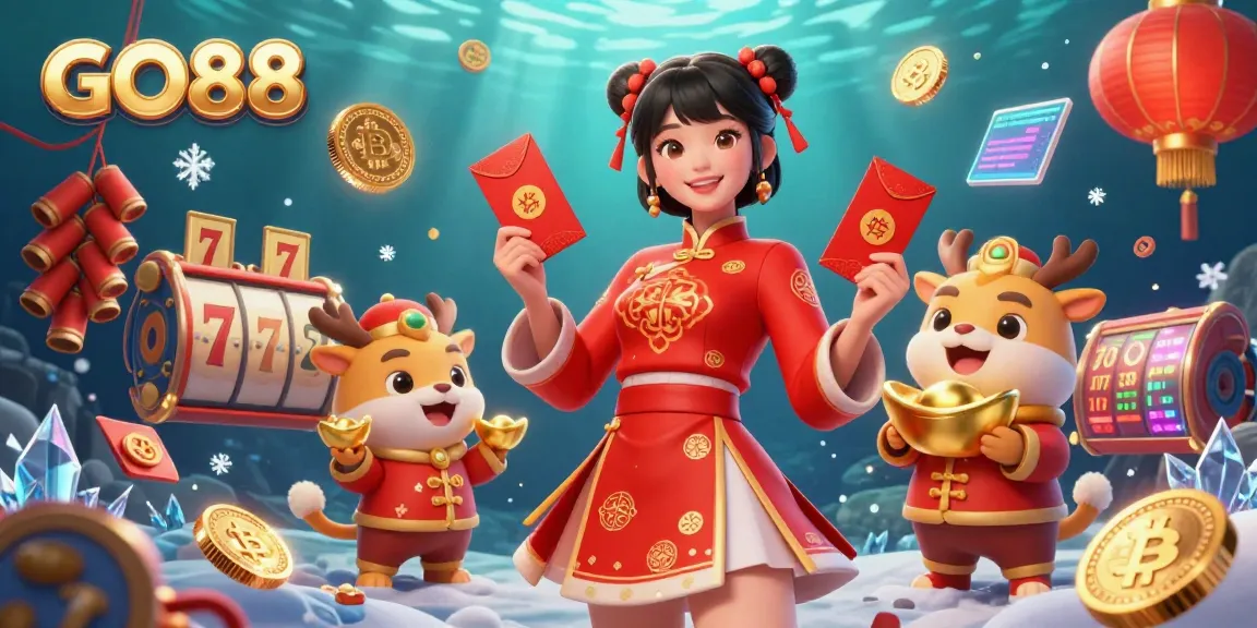 Experience GO88's vibrant slot scene with festive characters and glowing cryptocurrencies.