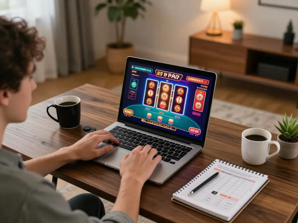 Experience thrilling online gaming at Sunwin with colorful poker graphics on a laptop in a cozy home setup