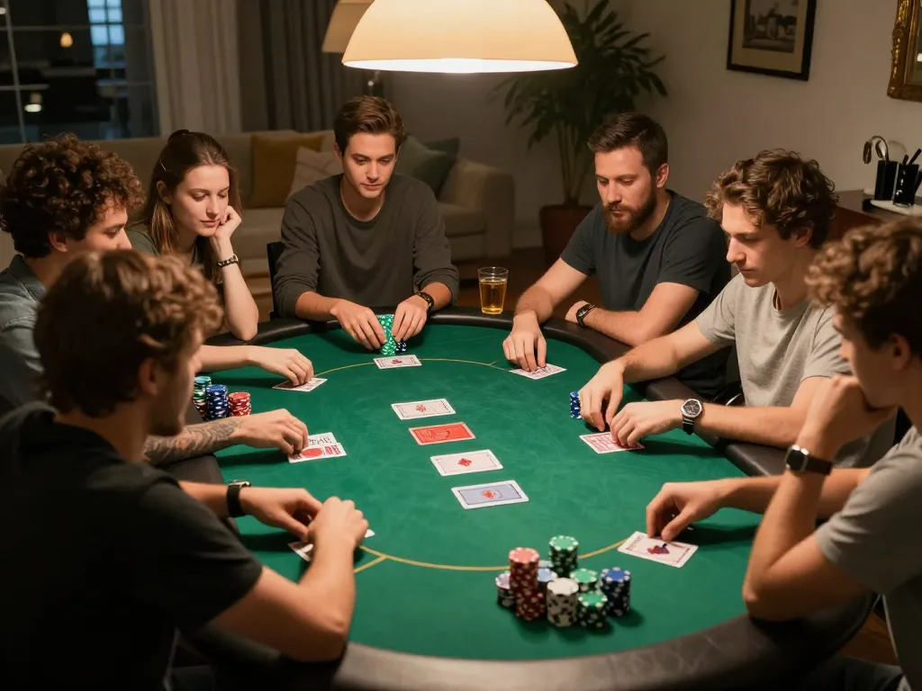 tr88 players strategizing their next moves during a friendly home poker game night
