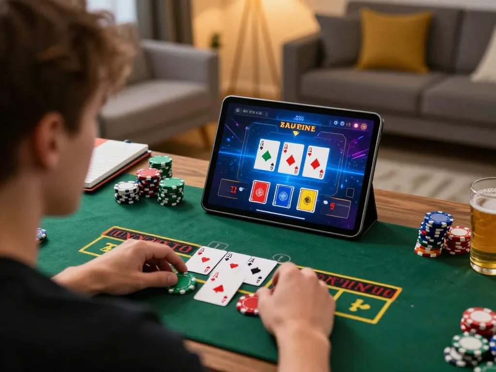 Engaging in nk88 live dealer blackjack gameplay from home on a tablet, showcasing a cozy setting.