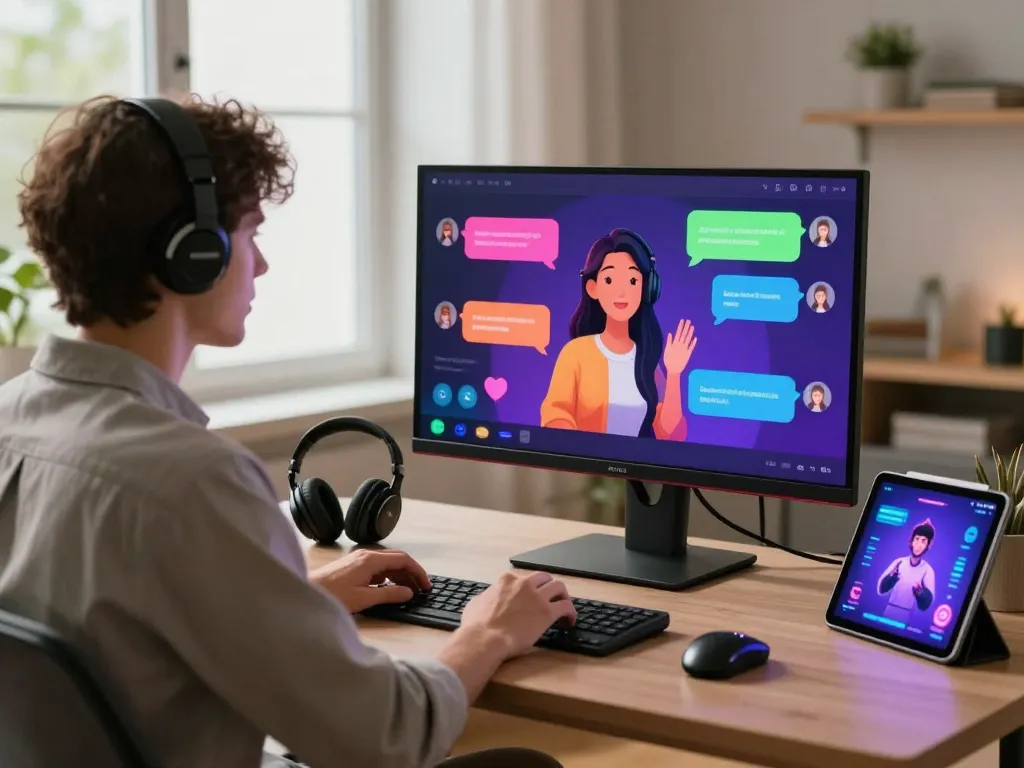 Engaging ai sex chat scene with user and virtual AI companion in a stylish home office.