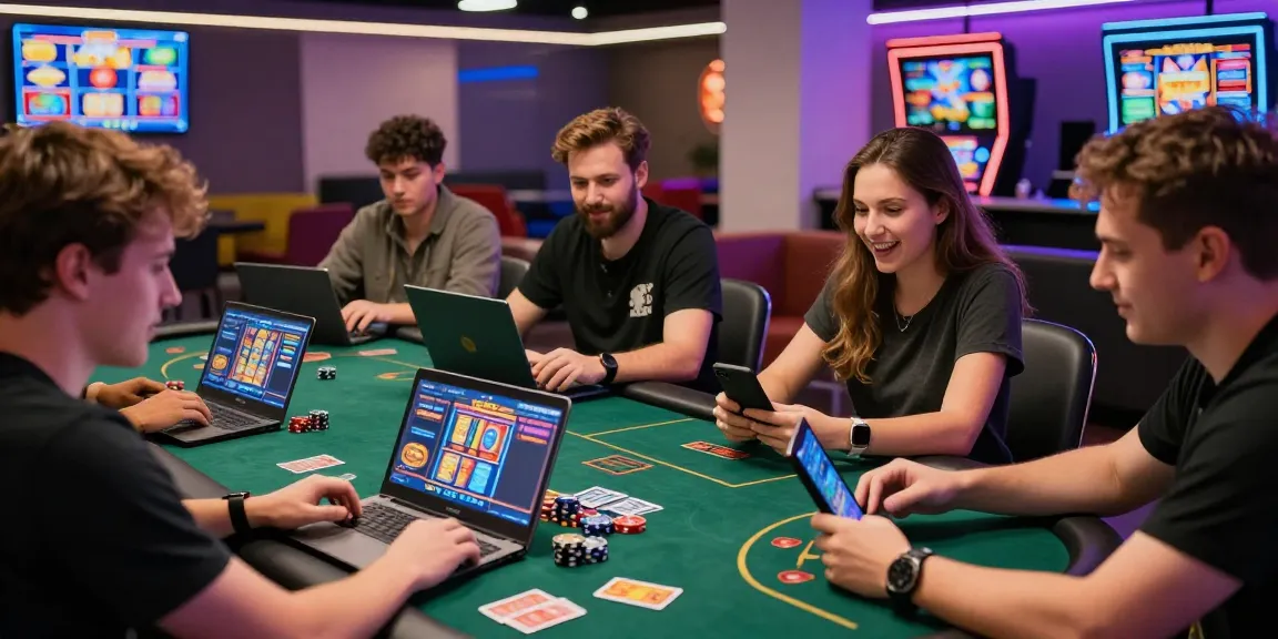 Excited players enjoying jumpspace.org.uk credit card casinos in a vibrant online gaming atmosphere.