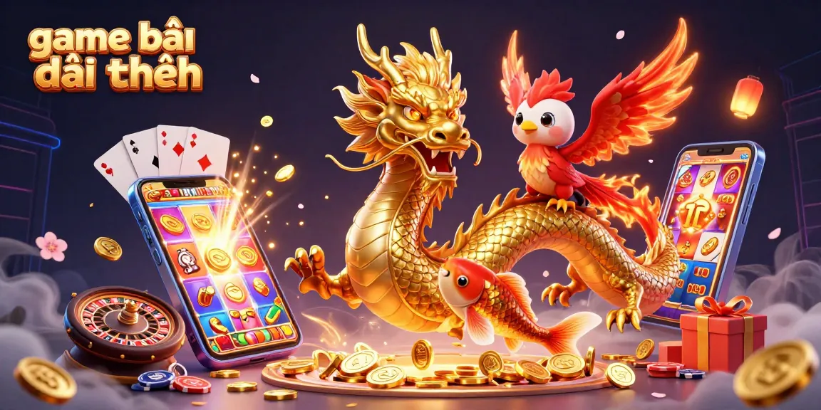 Experience thrilling game bài đổi thưởng with vibrant 3D illustration featuring a golden dragon and lucky koi.