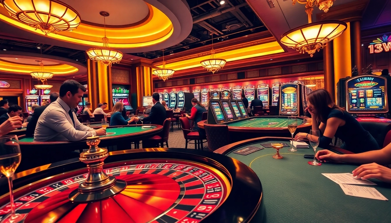 Players enjoying a thrilling night at 13Win casino with roulette and poker tables.