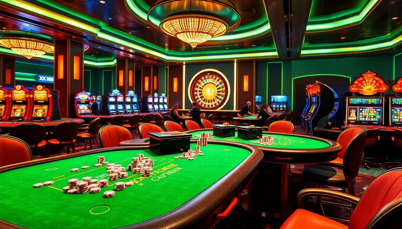 Exciting gaming action at XX 88 casino featuring vibrant tables and jackpot slot machines.
