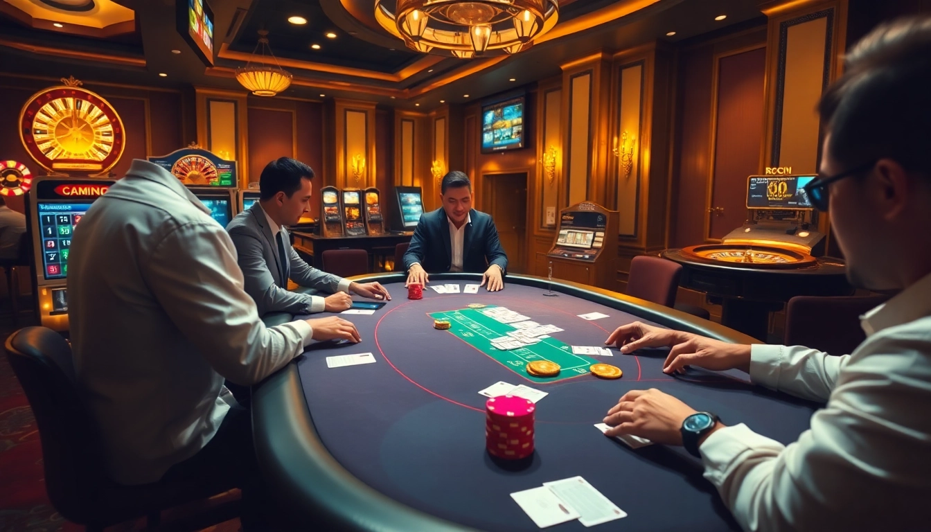 Exciting gaming moment at keonhacai.deal featuring players at a poker table with rich casino elements.