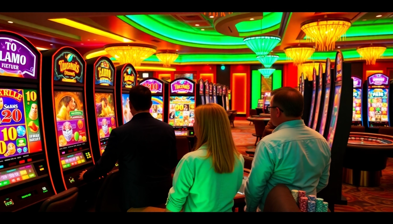 Players enjoying slot demo games at a luxurious casino with vibrant machines.