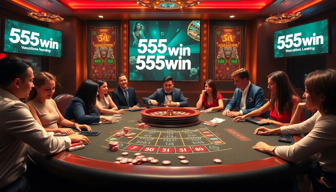 Players enjoying 555win online casino experience at a luxurious blackjack table with vibrant betting elements.