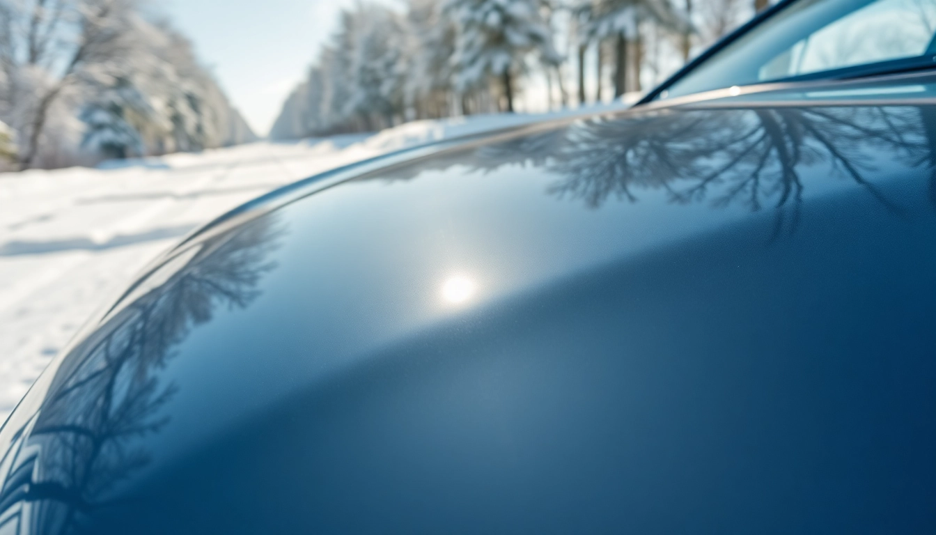 PPF winter road salt protection visible on a vehicle's hood in a snowy landscape.