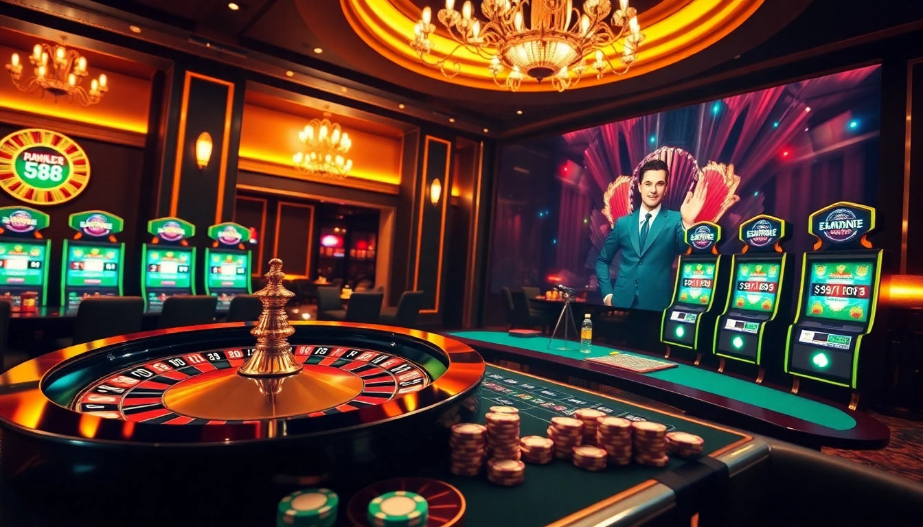 Experience gaming excitement at https://mm88.vin/ with vibrant roulette wheels and poker chips.