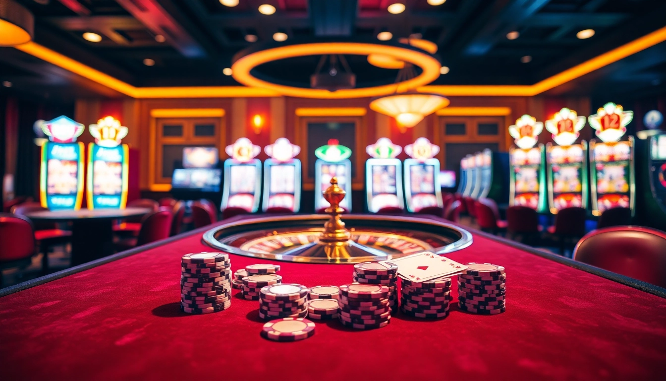 Competitive gamblers enjoy a thrilling game at a glamorous b52 casino table with vibrant chips and cards.