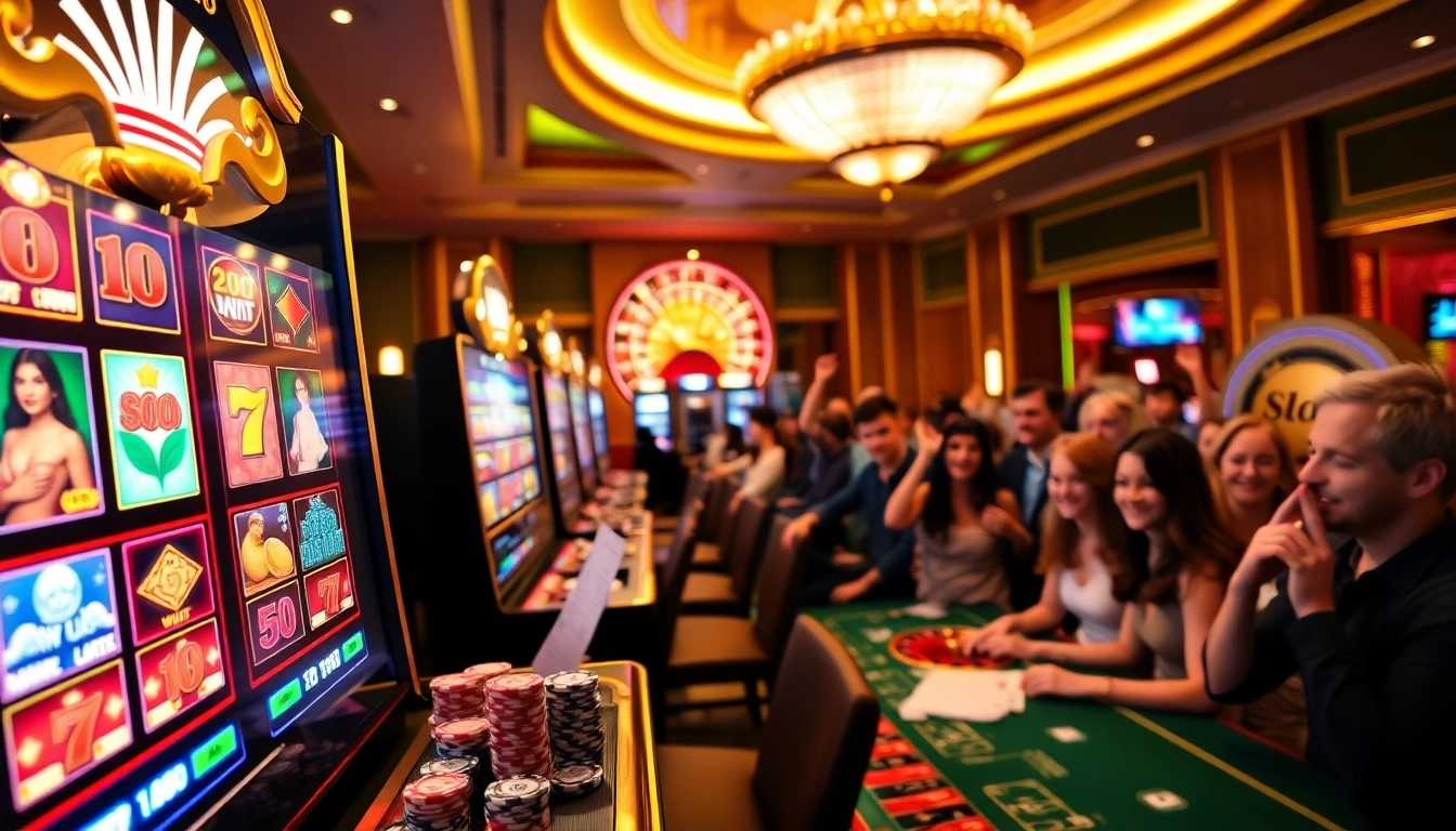 Excited gamblers spin the reels of the slot777 machine in a lively casino atmosphere.