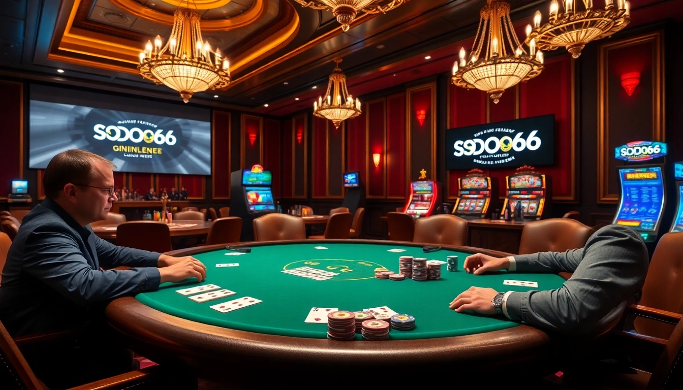 Players engage in a thrilling poker game at SODO66, surrounded by luxury casino elements.