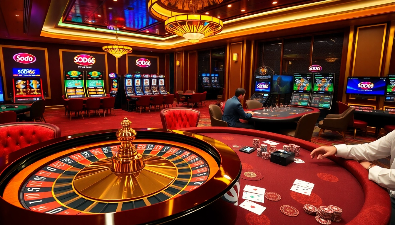 SODO66 casino players strategizing at a high-stakes roulette wheel and poker table.