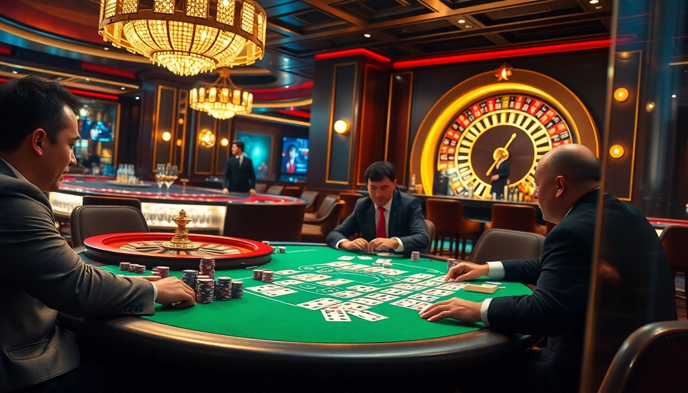 Okking players strategizing at a vibrant poker table in a luxurious casino environment.