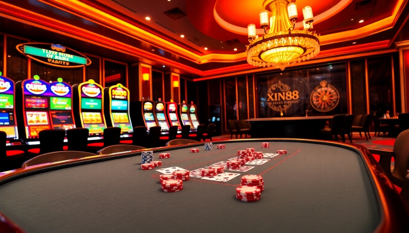 Exciting gambling scene showcasing Xin88 poker table featuring cards and chips.
