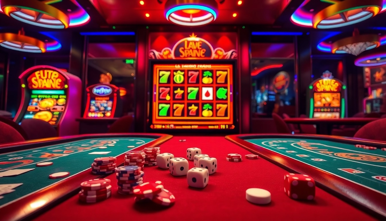 A vibrant casino scene with a focus on dynamic gambling action at https://go88app.cn.com/, featuring colorful slot machines and poker tables.