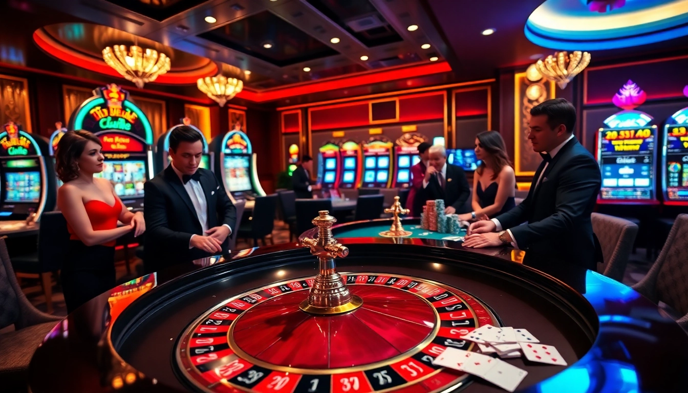 Engage in thrilling roulette at https://go99.institute/, surrounded by vibrant gaming ambiance featuring poker chips and slot machines.
