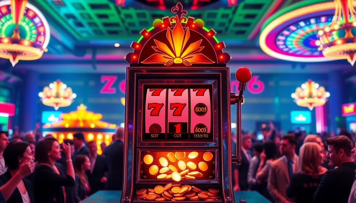 Enjoying a thrilling game at a slot machine in a vibrant casino atmosphere.