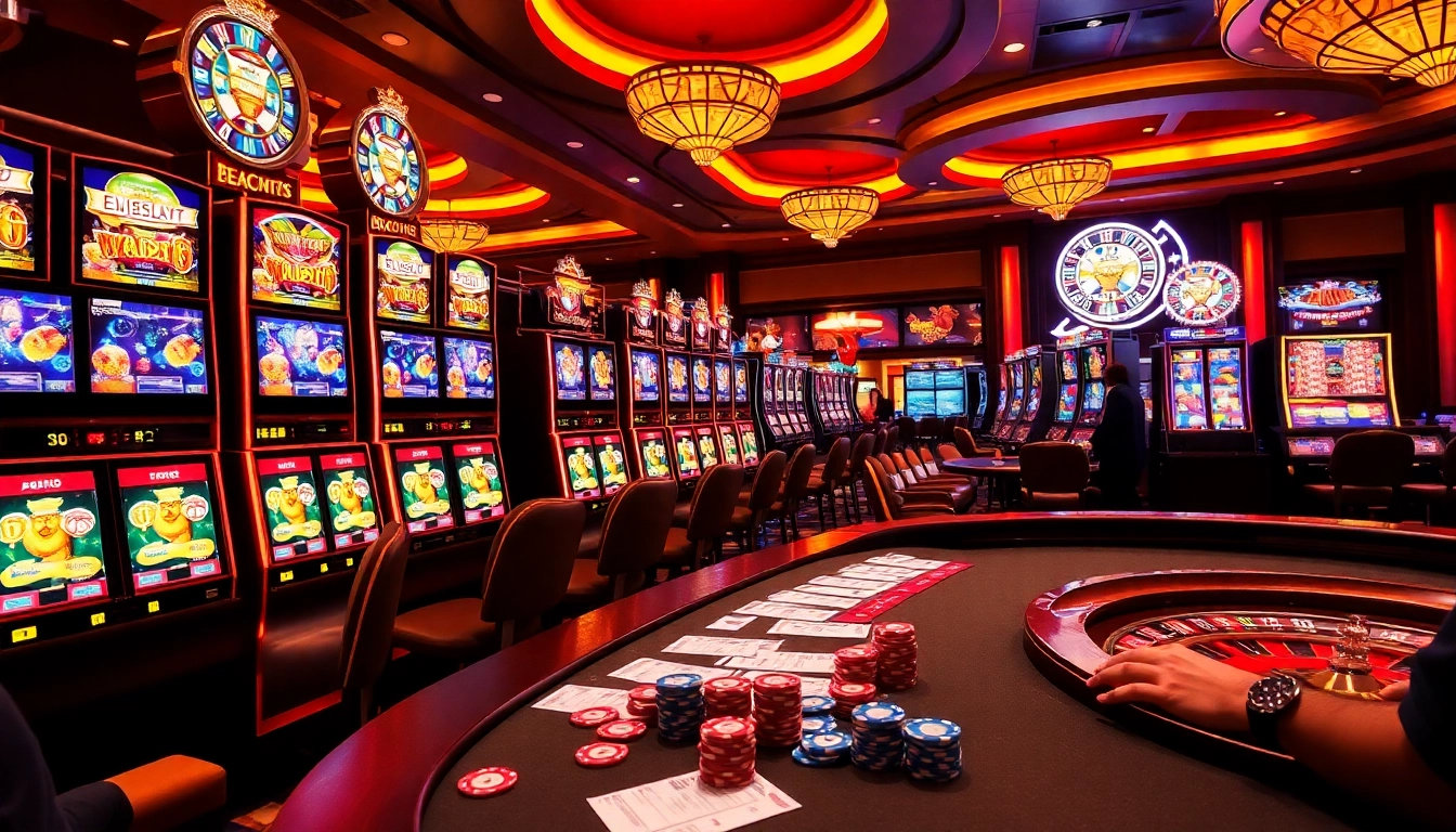 Players enjoying an exciting slot experience in a luxurious casino setting with vibrant machines.