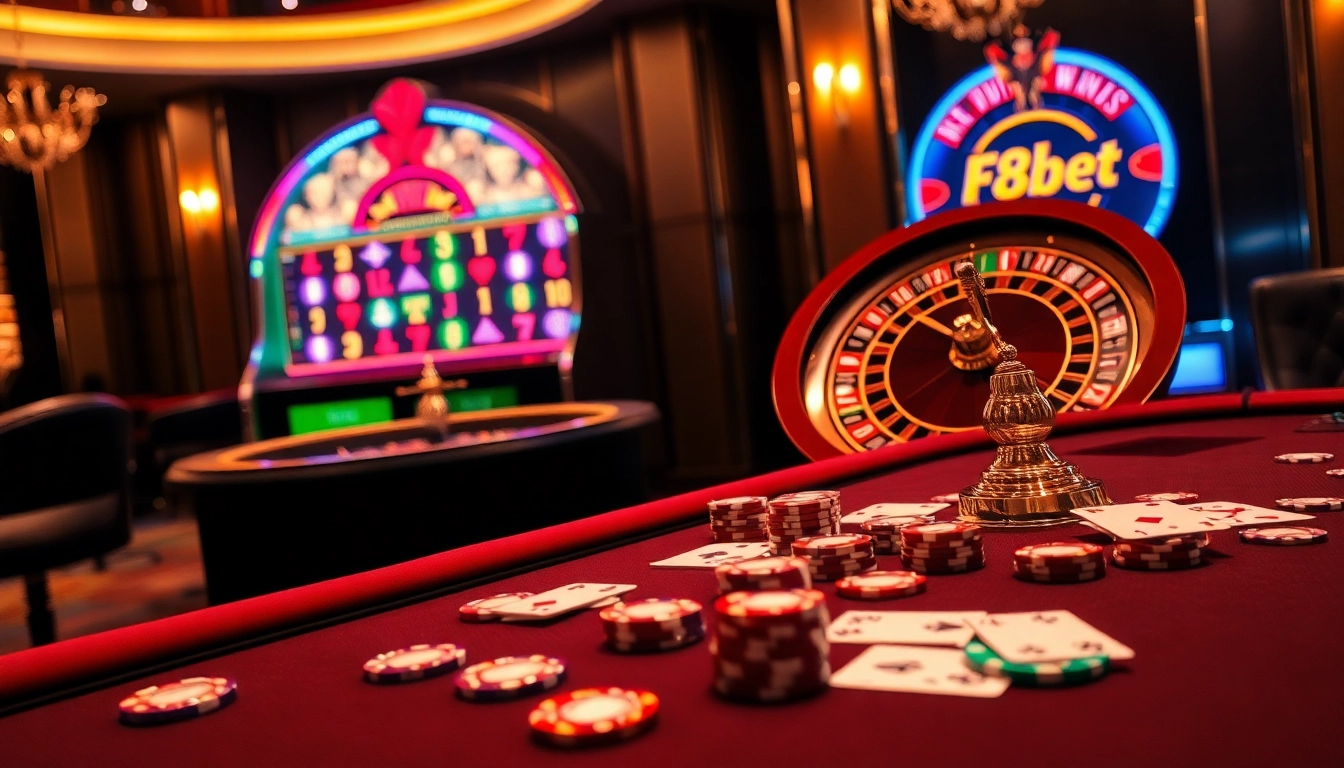 Experience the excitement at F8bet with illuminated gaming tables and vibrant slot machines in a luxurious casino.