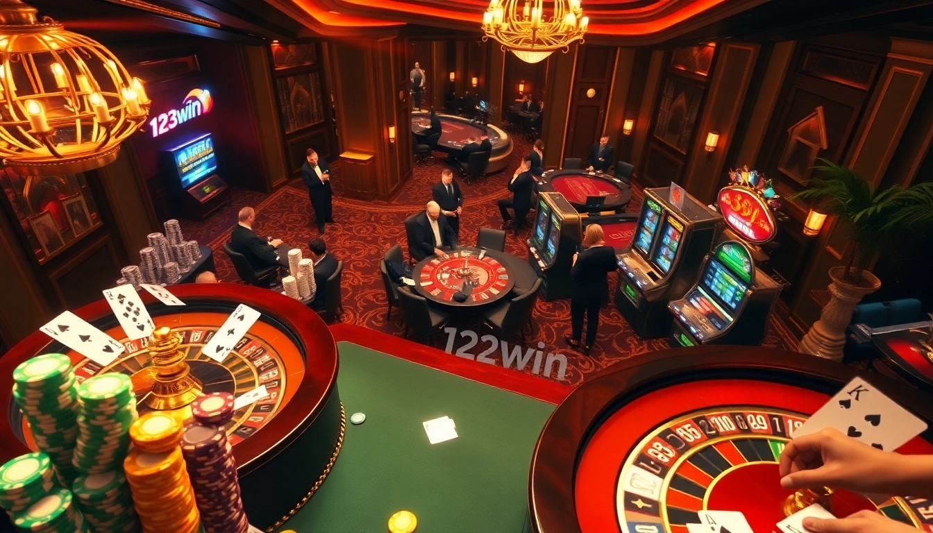 Engage with the excitement of 123win as players strategize at a luxurious casino table surrounded by roulette wheels and slot machines.