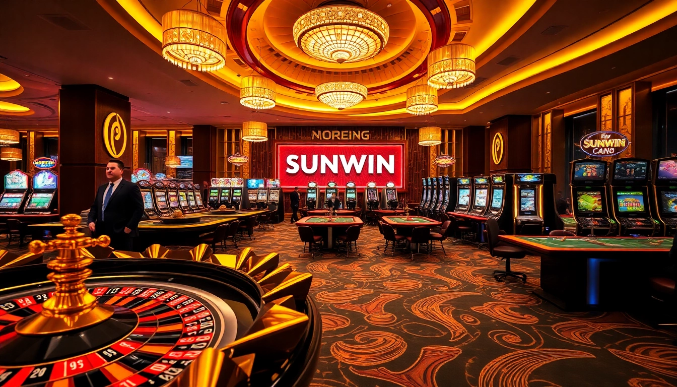 SUNWIN casino showcasing vibrant gaming action with roulette, poker tables, and slot machines.