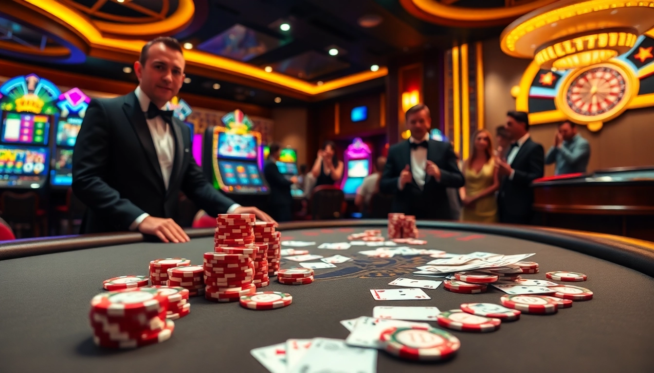 Experience the vibrant excitement of 789P casino with a luxurious poker table and colorful slot machines.