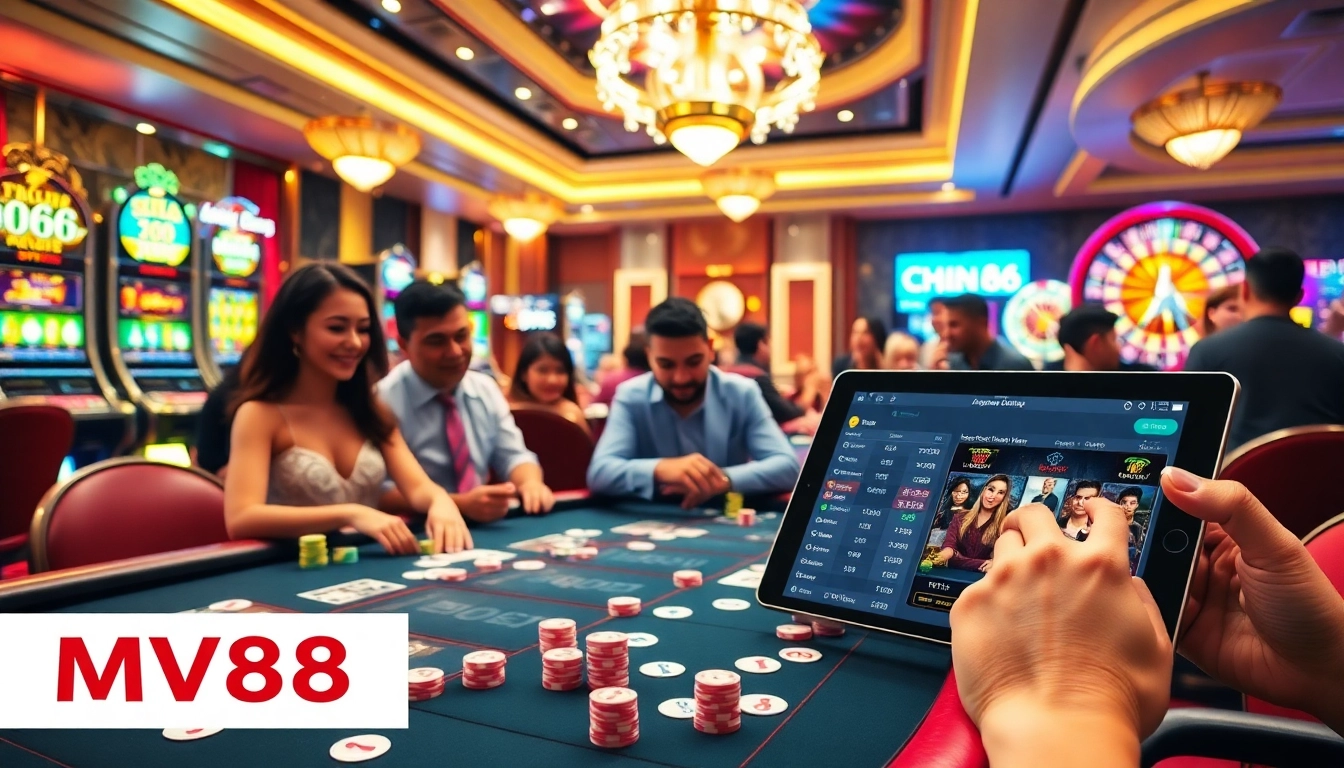 Exciting gaming scene featuring MV88 poker table and vibrant slot machines in a luxury casino.