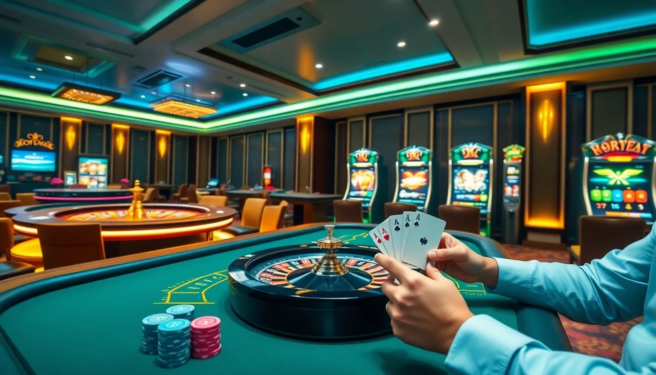 Engaging scene of players enjoying BK8 Thailand casino experience with vibrant gameplay.