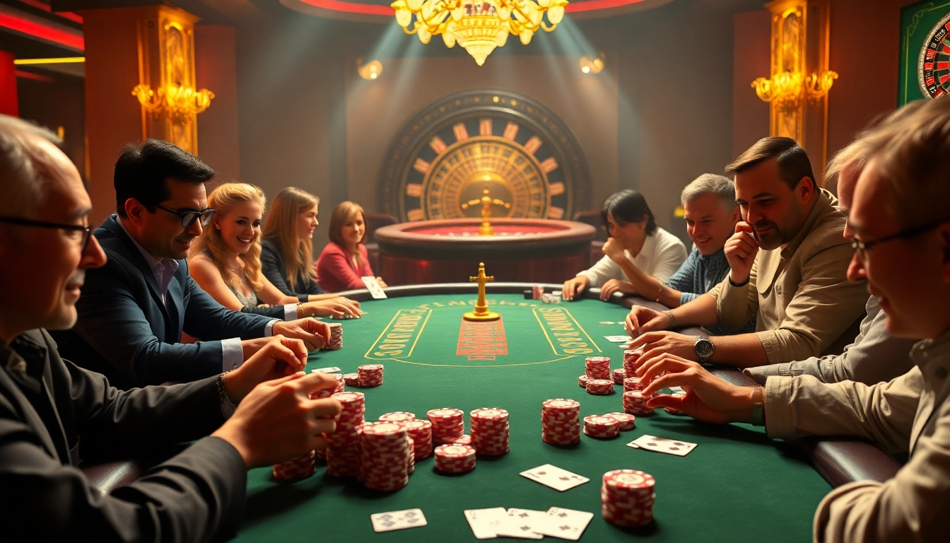 B52 poker table with vibrant chips and players, encapsulating the excitement of gambling.