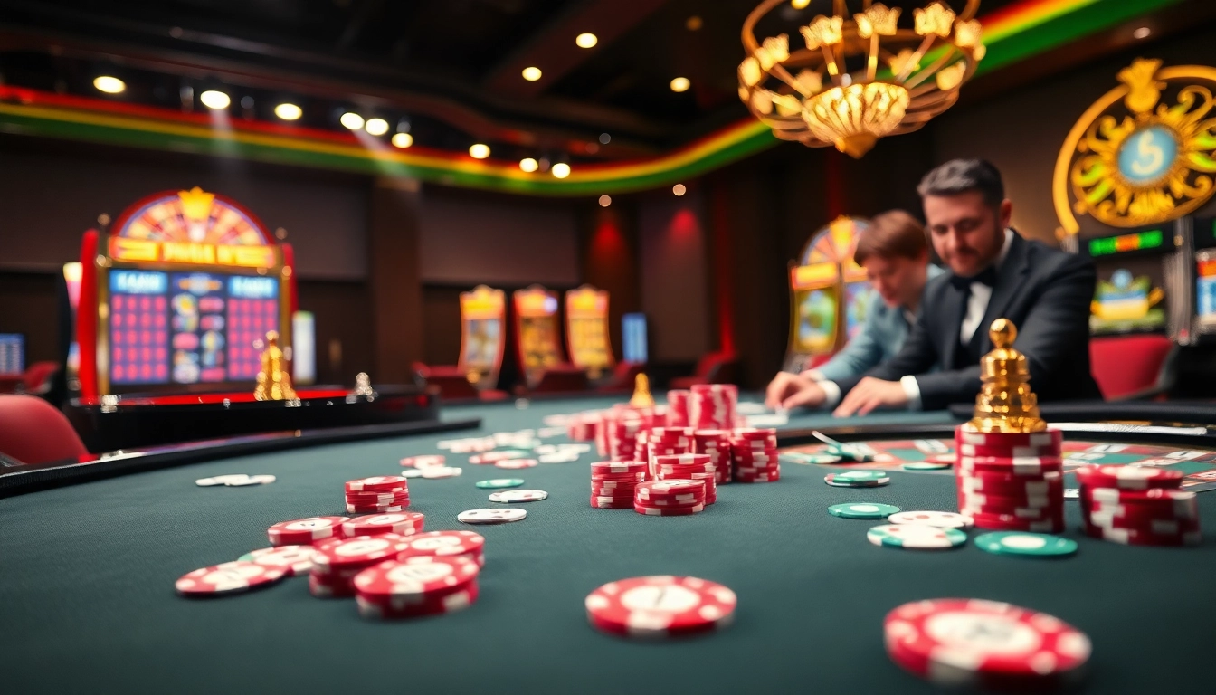 Experience the excitement of j88 casino gaming with vibrant chips, cards, and stunning roulette wheels in an elegant setup.