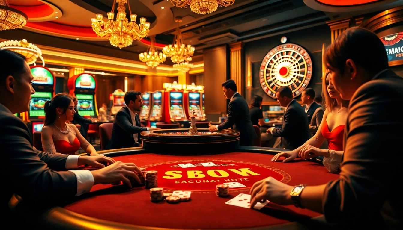 SBOBET gaming table showcasing high-stakes poker excitement with elegant players and vibrant casino atmosphere.