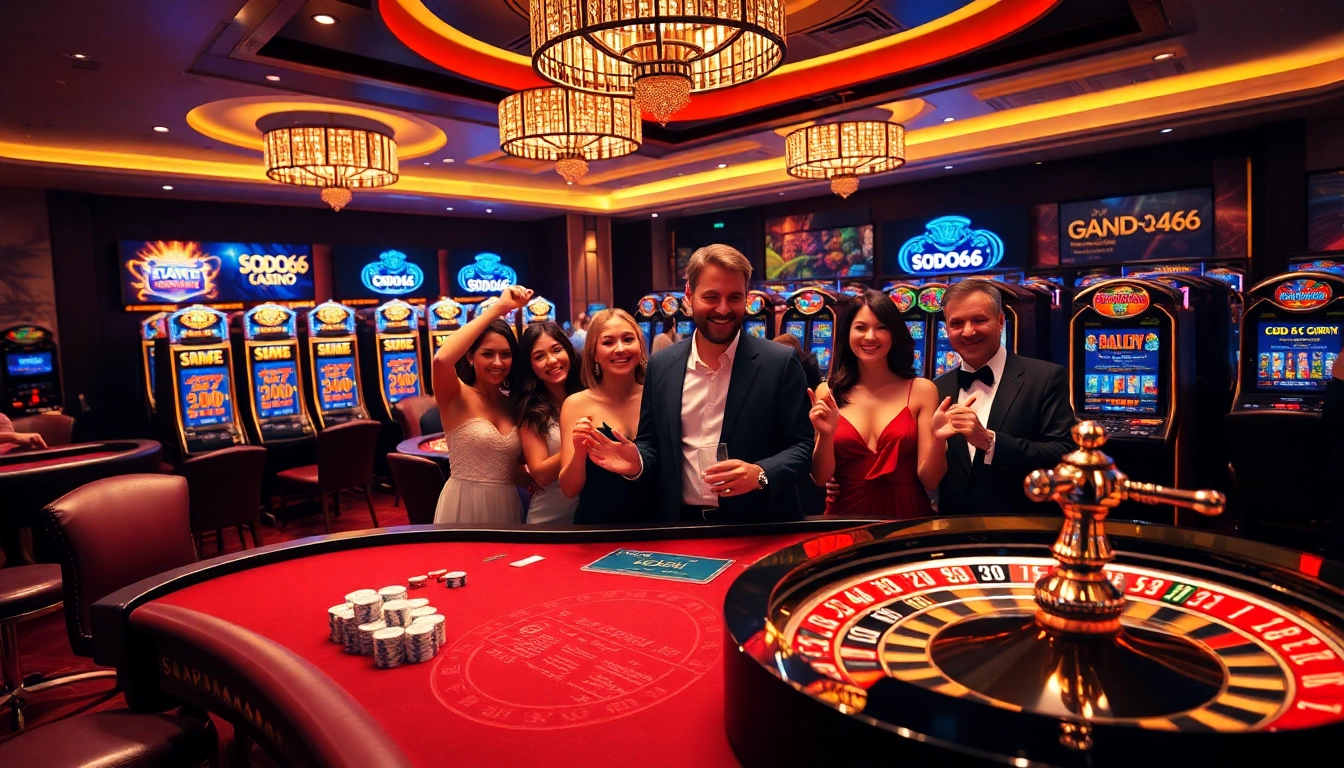 SODO66 casino players celebrating a win at a vibrant gambling table.