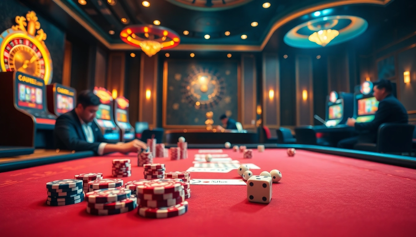 S8 casino scene with poker table, playing cards, and a roulette wheel in vibrant setting.