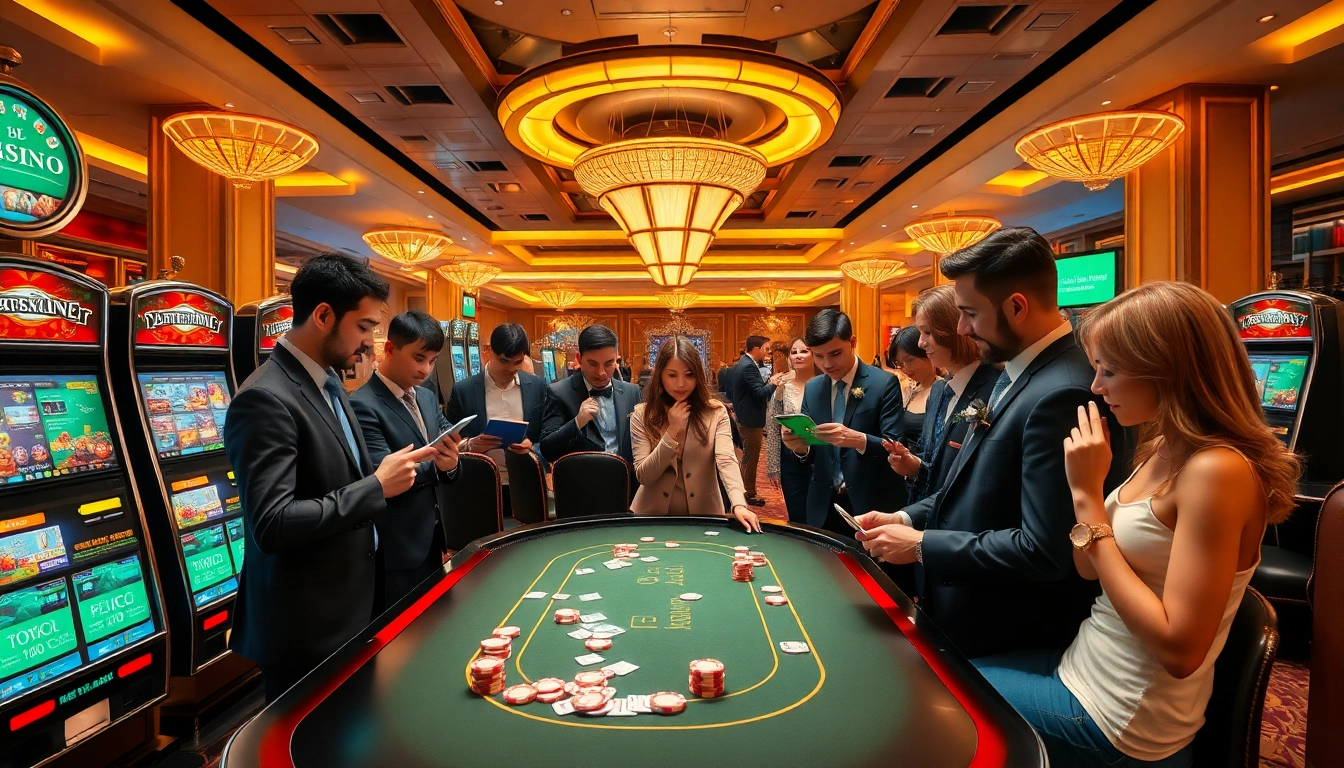 A diverse group of gamblers enjoying the thrilling experience at https://kjc.ad/ casino with cards and slot machines.