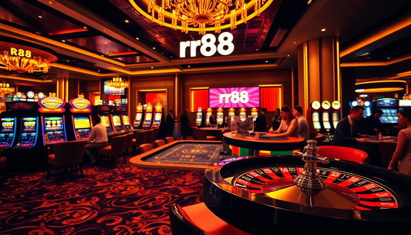 Experience the thrill of winning at RR88 with this exciting casino scene featuring roulette and poker tables.