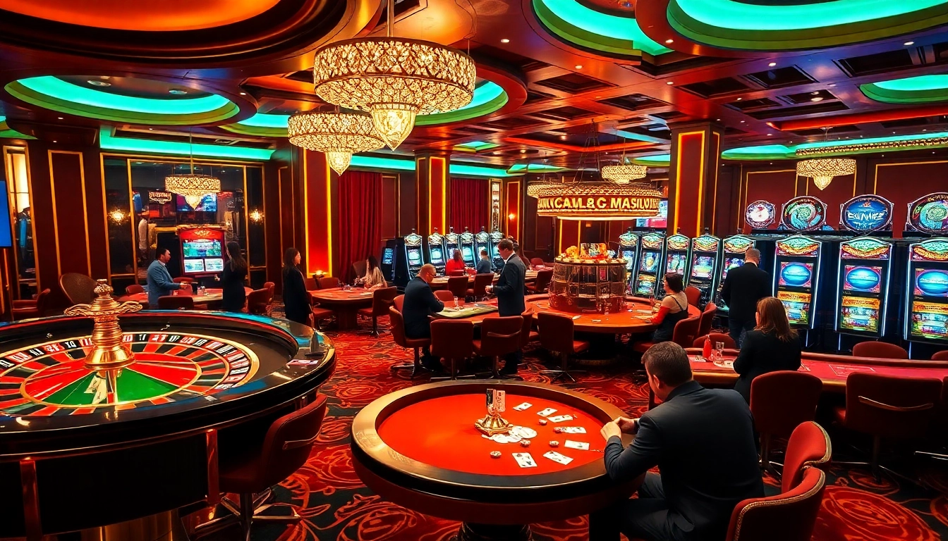 Engaging players enjoying a vibrant casino atmosphere at Rikvip with roulette, poker, and slot machines.