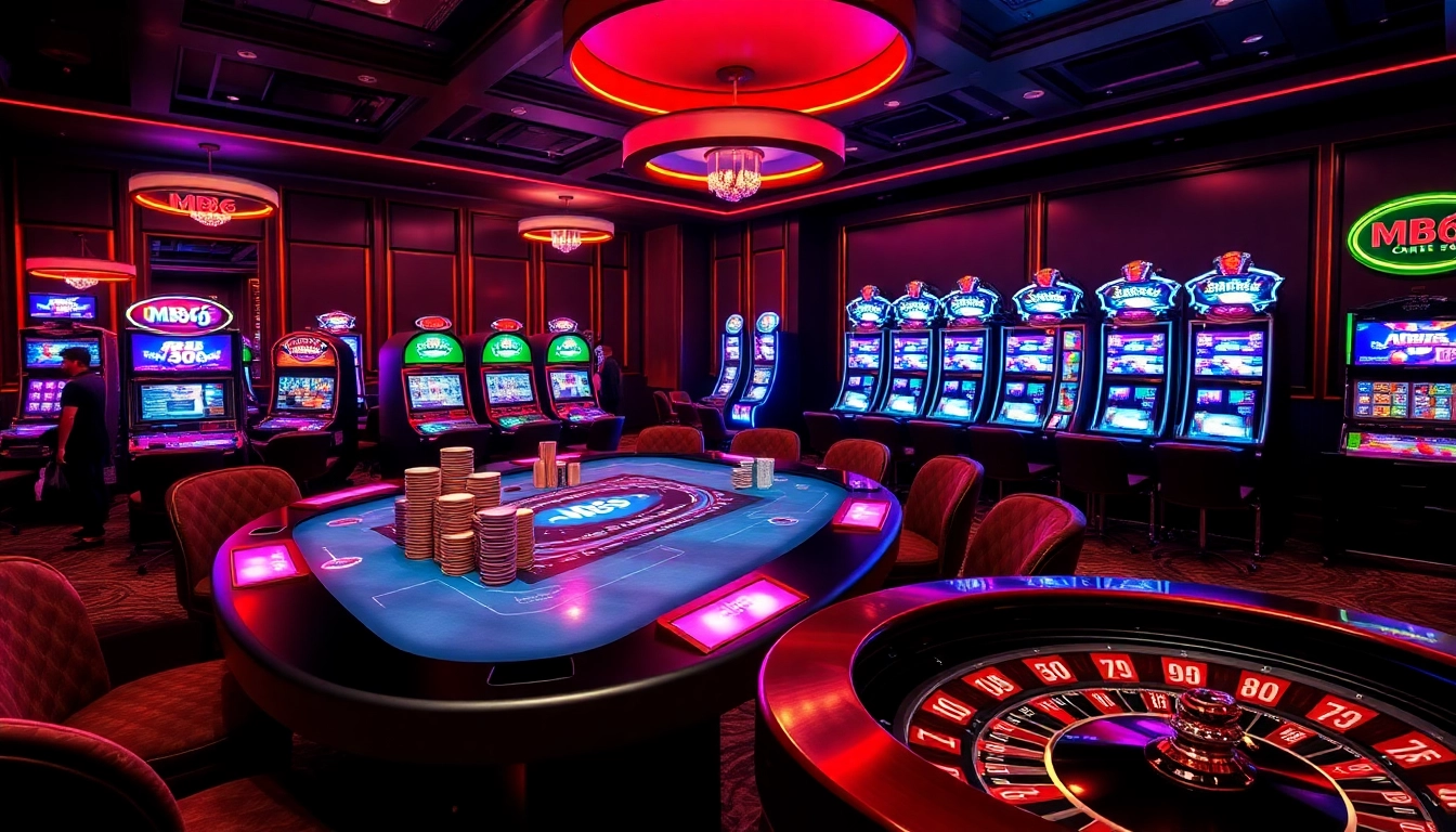 Experience the thrill of MB66 gaming with a lively casino scene filled with poker chips and neon lights.