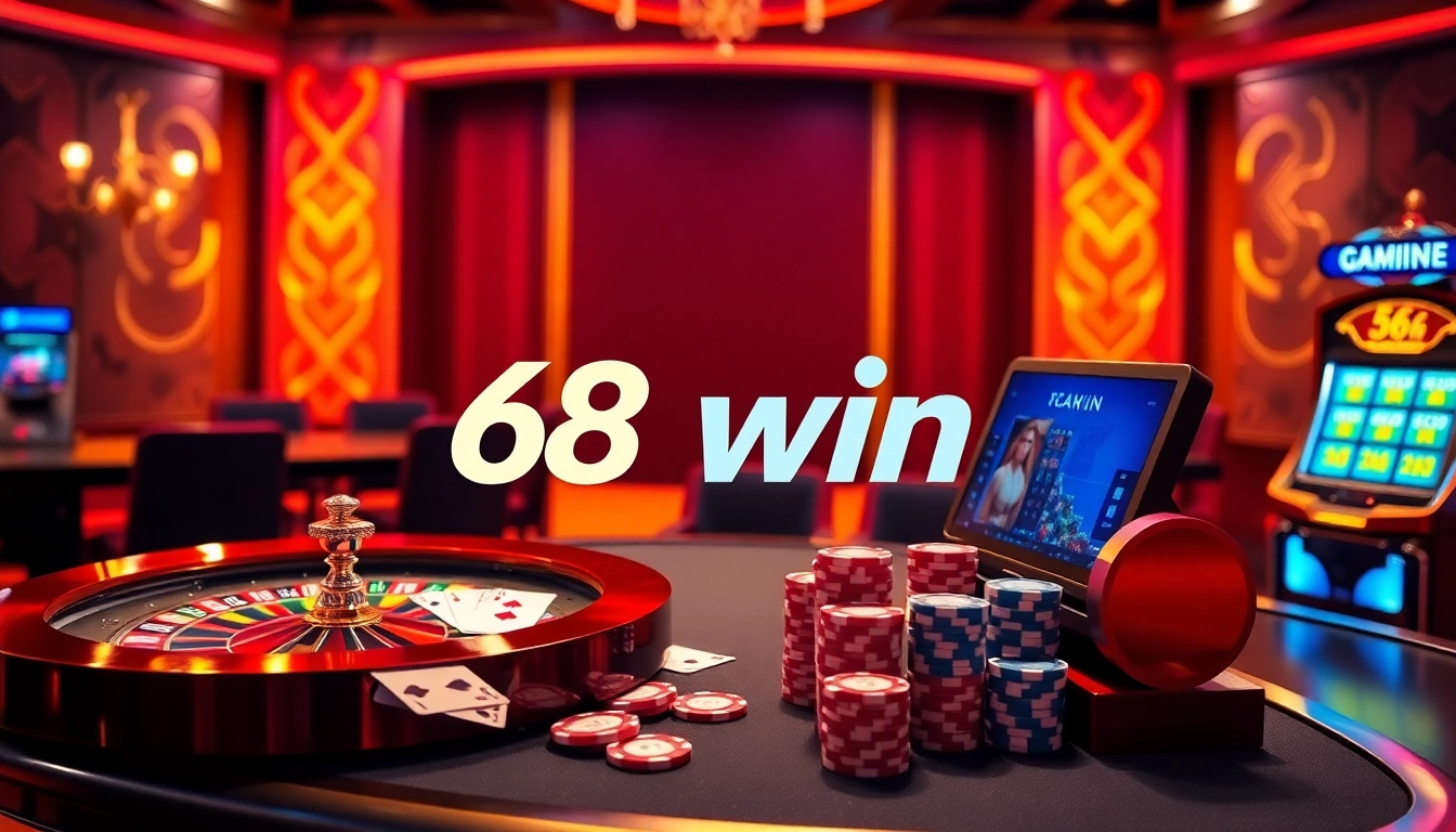 Engaging players at the luxurious 68win online casino, showcasing a roulette wheel and poker chips.