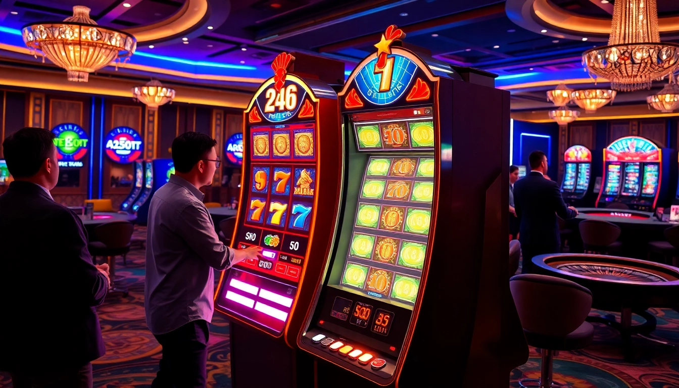 Experience the thrill of slot gacor machines in a vibrant casino setting with excited players.