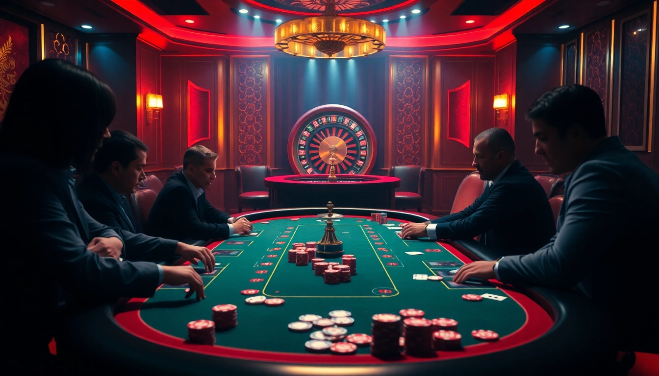 Gamblers enjoying a high-stakes poker game at a luxurious casino, evoking the hidden wiki dark web intrigue.