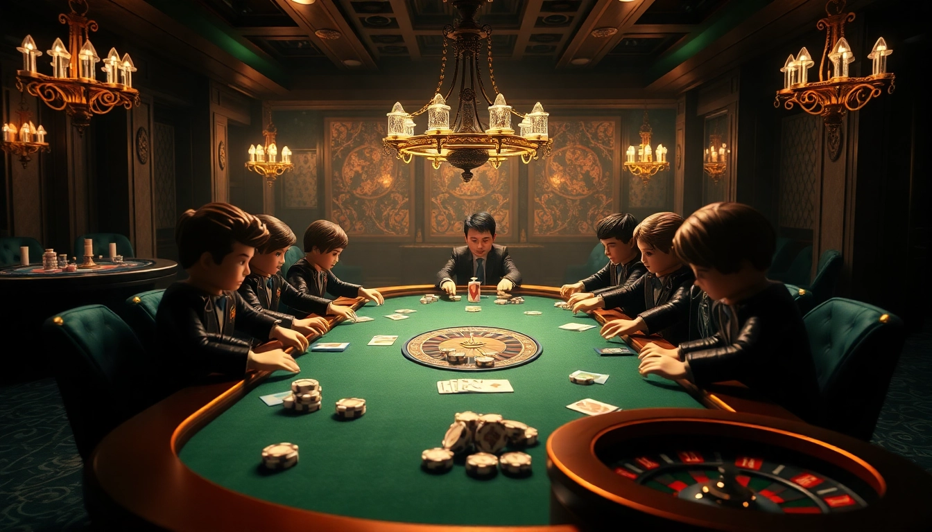 Players enjoy an intense poker game at LEGO138 casino, showcasing high-stake excitement with chips and cards.
