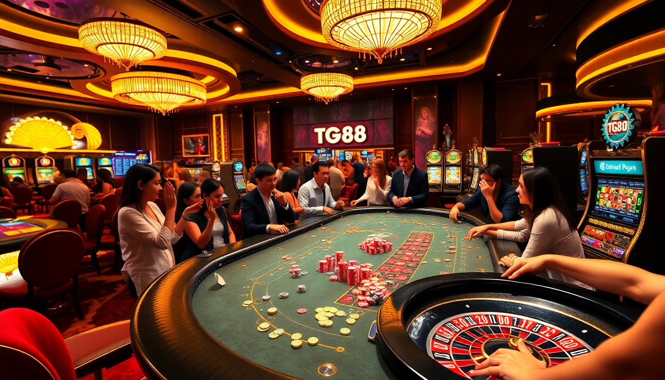 Experience the thrill of TG88 gaming with colorful chips, roulette wheels, and lively casino action.