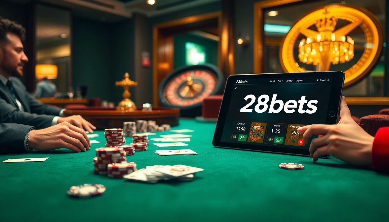 Players enjoying a thrilling game at 28bets casino with poker chips and cards on a beautifully set table.